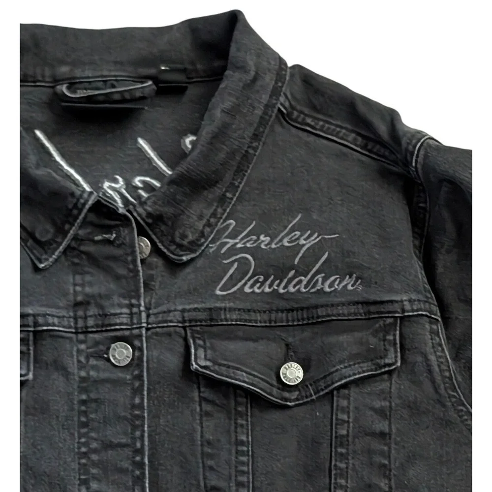 Harley Davidson Black Denim Trucker Jacket Women 2X Embroidered Wings Patch - Picture 5 of 10